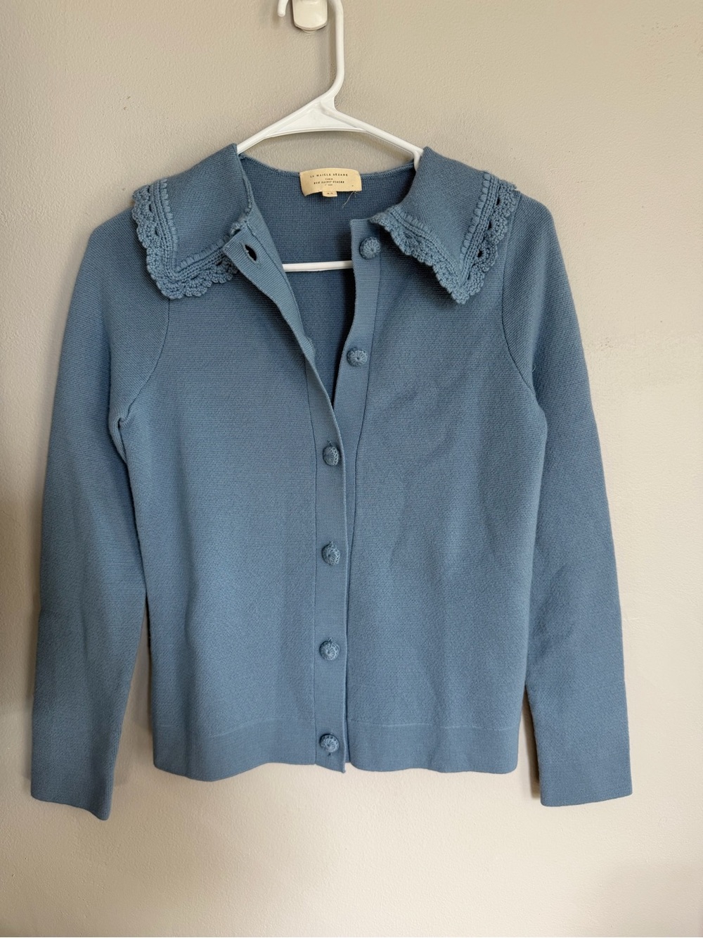 Sezane Bettany Cardigan Vintage Blue Merino Wool Lace Collar XS S23IJUP015E - Picture 4 of 8